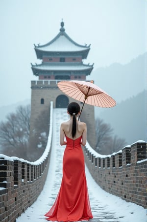 Instagram filter, a realistic photo, a Chinese beauty standing on the beacon tower of the Great Wall, wearing a traditional Chinese cheongsam, sleeveless, holding an oil paper umbrella in her hand, with snow falling in the sky, and gound covered by snow.