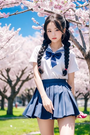 1girl, solo, looking at viewer, skirt, black hair, bow, Japanese high school girls sailor uniform, bowtie, twin braids,  outdoors, tree, cherry blossoms, realistic, photo background