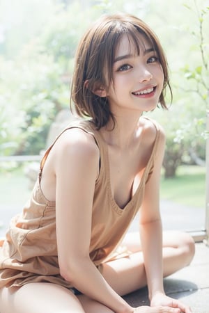 1girl, solo, breasts, looking at viewer, smile, short hair, brown hair, sitting, small breasts, teeth, day, grin, tank top, sharp teeth, realistic, Japan style, downblouse