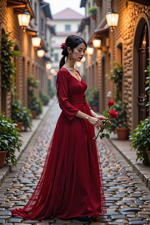 Instagram Filter, Realistic shooting,a super Chinese beauty of unparalleled elegance, wearing bohemian-style dress, stands in the middle of a cobblestone street in an old European town, her hand holding a single red rose, as the soft glow of the streetlights casts a romantic ambiance.