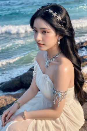 A young woman with long, raven-black hair sits majestically on a sun-kissed beach, her gaze directly meeting the viewer's. She wears a flowing white dress that hugs her curves, adorned with delicate jewelry and a sparkling bracelet. The gentle lapping of the waves creates a soothing soundtrack as she sits poised, surrounded by the serene beauty of nature.