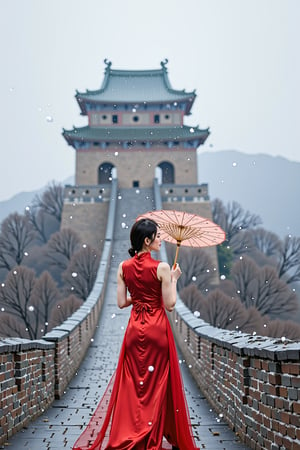 Instagram filter, a realistic photo, a Chinese beauty standing on the beacon tower of the Great Wall, wearing a traditional Chinese cheongsam, sleeveless, holding an oil paper umbrella in her hand, with snow falling in the sky.