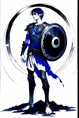 a male elf druid, slender, dark blue hairs, increadible beauty, sad, mourning, ancient Greece and heroic fantasy universe, with two curved bladesn pretty ring, greek leather armor and a greek round shield, highly detailed, full body,