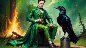 a young nicolas tesla wearing green mediaval clothes standing near a firecamp, playing with an oversized crow, by leonardo da vinci, highly constrasted picture