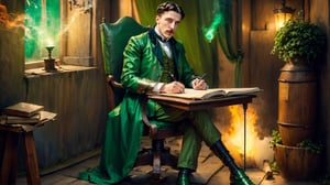 a young nicolas tesla wearing green mediaval clothes sat on a chair and writing a date in an agenda, by leonardo da vinci, brightly lit medieval inn, magic smoke