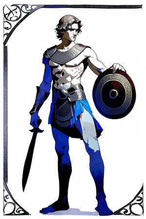 light and lean male warrior, noble face, beauty, chiseled body, ancient Greece, Greek, handling a Kopis and a greek round shield, chainmail, highly detailed, full body,