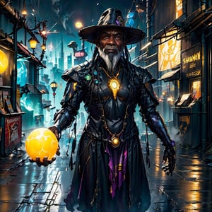 Black dwarf, magician, in his fifties, short black hairs, retired, generous, local shaman , in the shadowrun universe, poor education center in a dark cyberpunk futur background