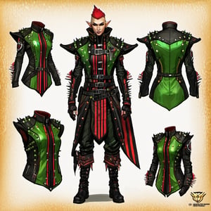 drawings of clothes designs, elves ganger, black leather, spikes, patches, red stripes, green mohawk, spikes, futuristic, shadowrun universe 