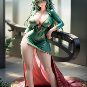 ChihunHentai, green low-cut dress, forest, cleavage, masterpiece, best quality, extremely detailed, (colourful), (Finely detailed and beautiful eyes and detailed face)