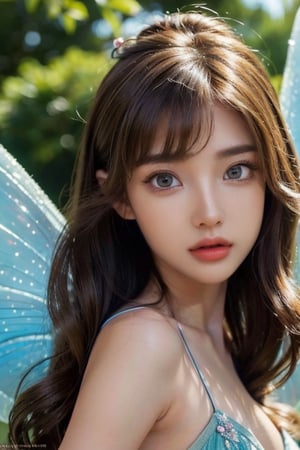 breath taking, beautiful young female, long eye lashes, ((fairy)), (Ultra realistic), (High resolution),(long shot), (8K), (Very detailed), (Best illustration), (Beautiful brown eyes), (Best quality), (Ultra detailed), (Masterpiece), (Detailed face), Solo, (Dynamic pose), 1 girl, Long legs,Detailedface,Realism,TinkerWaifu