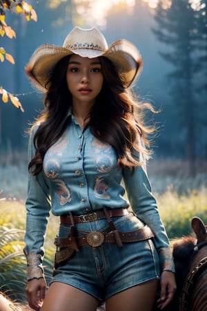 breath taking, beautiful young female, long eye lashes, ((cowgirl)), (Ultra realistic), (Illustration), (High resolution), (8K), (Very detailed), (Best illustration), (Beautiful brown eyes), (Best quality), (Ultra detailed), (Masterpiece), (Detailed face), Solo, (Dynamic pose), 1 girl, Long legs,Detailedface,Realism