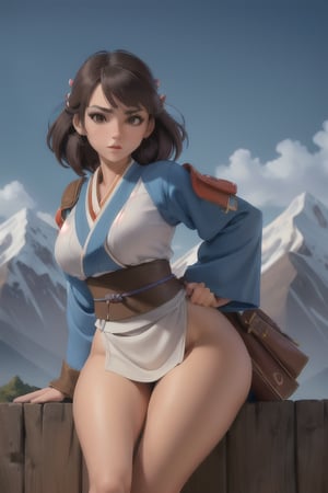 (Cute woman), (Mountains), ((Wearing an Obi)), (Ultra realistic), (Illustration), (High resolution), (8K), (Very detailed), (Best illustration), (Beautiful brown eyes), (Best quality), (Ultra detailed), (Masterpiece), (Detailed face), Solo, (Dynamic pose), 1 girl, Long legs, (white toe),perfecteyes