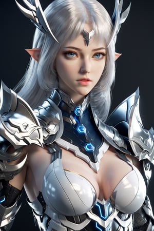 surreal photo of a girl, blue eyes, white hair, huge breasts, centered, symmetrical, exo-suit, shiny armor, intricate detailed, realistic, full body shot, fujifilm, 8k, HDR, cyborg style