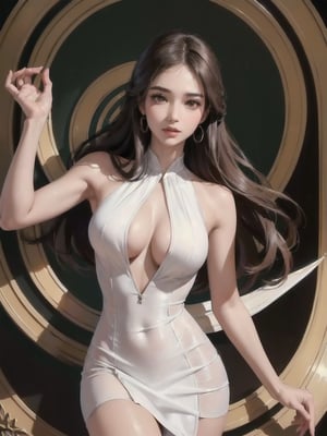 (Very Sexy girl), (Ultra realistic), (Illustration), (High resolution), (8K), (Very detailed), (Best illustration), (Beautiful brown eyes), (Best quality), (Ultra detailed), (Masterpiece), (Detailed face), Solo, (Dynamic pose), 1 girl, ((elegant low cut dress)), Long legs, Tighten abs, (white toe), perfecteyes,Wlop