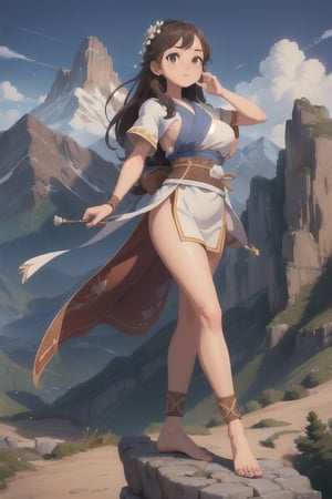 (Cute woman), (Mountains), ((Wearing an Obi)), (Ultra realistic), (Illustration), (High resolution), (8K), (Very detailed), (Best illustration), (Beautiful brown eyes), (Best quality), (Ultra detailed), (Masterpiece), (Detailed face), Solo, (Dynamic pose), 1 girl, Long legs, (white toe),perfecteyes