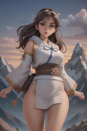 (Cute woman), (Mountains), ((Wearing an Obi)), (Ultra realistic), (Illustration), (High resolution), (8K), (Very detailed), (Best illustration), (Beautiful brown eyes), (Best quality), (Ultra detailed), (Masterpiece), (Detailed face), Solo, (Dynamic pose), 1 girl, Long legs, (white toe),perfecteyes