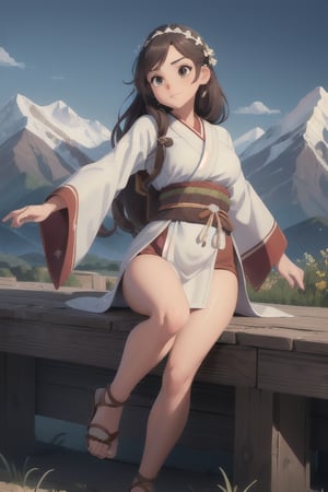 (Cute woman), (Mountains), ((Wearing an Obi)), (Ultra realistic), (Illustration), (High resolution), (8K), (Very detailed), (Best illustration), (Beautiful brown eyes), (Best quality), (Ultra detailed), (Masterpiece), (Detailed face), Solo, (Dynamic pose), 1 girl, Long legs, (white toe),perfecteyes