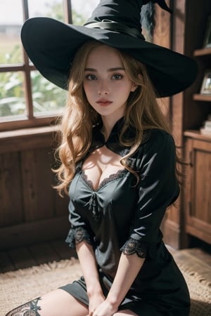 breath taking, beautiful young female, blonde curly hair, freckles on face, greeny blue eyes, long eye lashes, (black clothes), ((witch)), (Ultra realistic), (Illustration), (High resolution), (8K), (Very detailed), (Best illustration), (Beautiful brown eyes), (Best quality), (Ultra detailed), (Masterpiece), (Detailed face), Solo, (Dynamic pose), 1 girl, Long legs,Detailedface