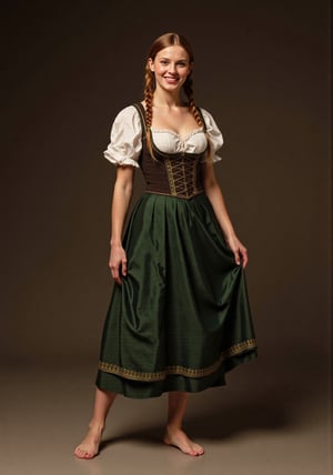 beautiful 25 year old medieval german woman, smile, dirndl, barefoot.  masterpiece artwork,, masterpiece artwork, intricate detail, dynamic composition, beautiful lighting, CharlesDG