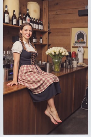 (polaroid photo:1.2) beautiful 25 year old medieval german woman, smile, dirndl, barefoot. sitting  on the counter of the pub. masterpiece artwork, dynamic composition