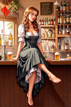 illustration, beautiful 25 year old medieval german woman, smile, dirndl, barefoot. sitting  on the counter of the pub. 