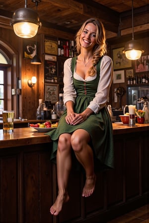 beautiful 25 year old medieval german woman, smile, dirndl, barefoot. sitting  on the counter of the pub. 