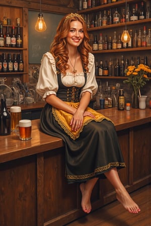 illustration, beautiful 25 year old medieval german woman, smile, dirndl, barefoot. sitting  on the counter of the pub. 