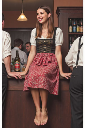 (polaroid photo:1.2) beautiful 25 year old medieval german woman, smile, dirndl, barefoot. sitting  on the counter of the pub. masterpiece artwork, dynamic composition