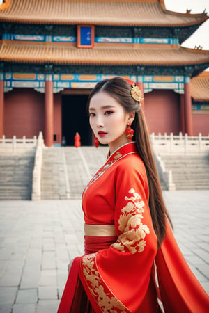 A young and elegant girl walks in the Forbidden City in high heels. Award-winning photography, ultra-realistic, full-body shooting, ethereal and stunning Chinese girl, exquisite golden red Hanfu, shiny eye makeup, stylish long hair, expressive eyes, almond eyes, deep facial features, symmetrical face, perfect model body, big breasts, photo_b00ster,