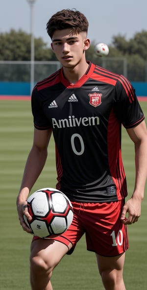 1boy, 20 years old wearing a red and black jersey, holding a ball