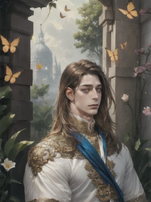 8k portrait of strong human male with brown hair, intricate, elegant, highly detailed, majestic, digital photography, art by artgerm and ruan jia and greg rutkowski surreal painting gold butterfly filigree, broken glass, (masterpiece, sidelighting, finely detailed deep eyes: 1.2), hdr, ,dark studio