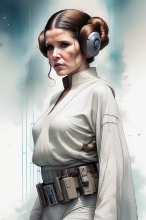 Princess Leia from Star Wars, full body, Kim Jung gi, freedom, soul, digital illustration, comic style, cyberpunk, perfect anatomy, centred, approaching perfection, dynamic, highly detailed, watercolour painting, artstation, concept art, smooth, sharp focus, illustration, art by Carne Griffiths and Wadim Kashin,