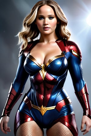 Create an image of Jennifer Lawrence in a see-thru costume of a sexy superwoman