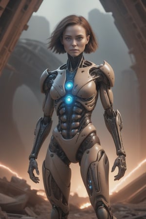 alien cursed theme, mockup, beautiful semi-cyborg female, biometal arms, ruins of mars bg, (lots of electric sparks:1.2), Sony Alpha 7S III (A75 III), Simple, hyperdetailed, medium shot, cinematic