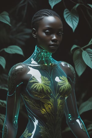 (Professional photo) with (high intrinsic details) of the upper body of a (transparent porcelain african android) with artistic pose, levitating, ((bright backlit panels)), bioluminescent plants and flora, ((dark forest environment)), night, darkness, grainy plant details, (bright and intricate), vibrantly colored, veils of color, bold colors, flora, contrasting shadows, (ultra realistic), Lighting style