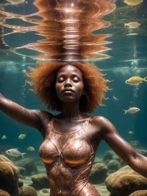 photo r3al, best quality, adult african female, relaxed, copper hair, (freckles on bridge of nose:0.3), underwater, photorealistic, ultra realistic, (small breasts), torso, realistic eyes, (sea plants:0.5), (bubbles:0.5), nude, naked, nsfw, upper body, skinny, waves, swimming, (closed mouth), detailed face, (((closed eyes))), happy, floating hair,full body,Qftan