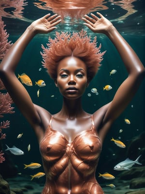 photo r3al, best quality, adult african female, relaxed, copper hair, (freckles on bridge of nose:0.3), underwater, photorealistic, ultra realistic, (small breasts), torso, realistic eyes, (sea plants:0.5), (bubbles:0.5), nude, naked, nsfw, upper body, skinny, waves, swimming, (closed mouth), detailed face, (((openedeyes))), happy, floating hair,full body, hands, lower body, makeup, clothes, censored, wide body, wide shoulders,
