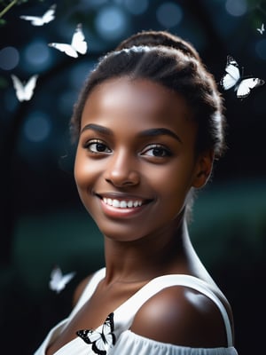 masterpiece, best quality, girl, ebony, smile, beautiful, closeup, white dress, professional photography, front view, facing viewer, 8k, ultra realistic, night, upper body, photo r3al, delicate face, smooth face, mysterious, darkness, outdoor, closed mouth, moonlight, magic, butterflies in motion blur, 50s style
