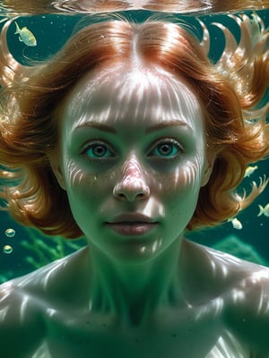 photo r3al, best quality, adult African female, relaxed, copper hair, (freckles on bridge of nose:0.3), underwater, photorealistic, ultra realistic, (small breasts), upper body, realistic eyes, (sea plants:0.5), (bubbles:0.5), nude, naked, nsfw, upper body, skinny, waves, swimming, (closed mouth), detailed face, (((openedeyes))), happy, floating hair,