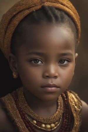 A stunning high-definition close-up portrait of an African baby girl, showcasing her flawless skin and subtle sun marks that create a radiant complexion. Her intense, piercing gaze conveys determination and ambition, as if her eyes are windows to her soul. The background artfully blurs and desaturates, creating a captivating contrast that highlights the subject. Gold details are delicately incorporated throughout the image, adding an elegant and sophisticated touch. This cinematic photograph transforms into a work of art, featuring a vibrant dark fantasy theme, and is perfectly suited for a poster or display., portrait photography, dark fantasy, photo, vibrant, poster, cinematic

