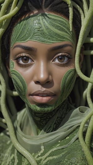 ebony woman, by Hendrik Kerstens, photograph, Iranian (Algae of Logarithm:1.3) , detailed with patterns, with Safari trimmings, trees, key light, film camera, 85mm lens, Vibrant Color,pstlneopunk