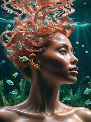 photo r3al, best quality, adult african female, relaxed, copper hair, (freckles on bridge of nose:0.3), underwater, photorealistic, ultra realistic, (breasts), torso, realistic eyes, (sea plants:0.5), (bubbles:0.5), nude, naked, nsfw, upper body, skinny, waves, swimming, (closed mouth), detailed face, (((openedeyes))), happy, floating hair,full body, lower body, makeup,  wide body, wide shoulders,underwater