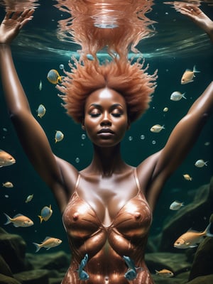 photo r3al, best quality, adult african female, relaxed, copper hair, (freckles on bridge of nose:0.3), underwater, photorealistic, ultra realistic, (breasts), torso, realistic eyes, (sea plants:0.5), (bubbles:0.5), nude, naked, nsfw, upper body, skinny, waves, swimming, (closed mouth), detailed face, (((openedeyes))), happy, floating hair,full body, hands, lower body, makeup,  wide body, wide shoulders,