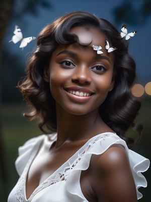 masterpiece, best quality, girl, ebony, smile, beautiful, closeup, white dress, professional photography, front view, facing viewer, 8k, ultra realistic, night, upper body, photo r3al, delicate face, smooth face, mysterious, darkness, outdoor, closed mouth, moonlight, magic, butterflies in motion blur, 50s style