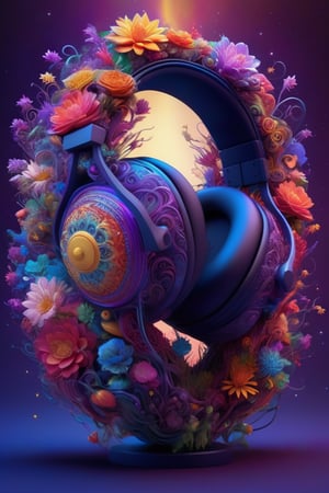 A Headset featuring a Justin Bebier     in the style of colorful fantasy, made of flowers  realistic sculptures, magewave, layered and complex compositions, chalk, spirals, cosmic background`, centered, symmetry, painted, intricate, volumetric lighting, beautiful, rich deep colors masterpiece, sharp focus, ultra detailed, in the style of dan mumford and marc simonetti, astrophotography.