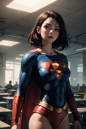 Highres, best quality, extremely detailed, area lighting in background, HD, 8k, 1girl, cute, superman 