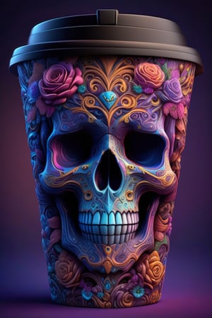 A takeaway cup featuring a  skull in the style of colorful fantasy, made of flowers  realistic sculptures, magewave, layered and complex compositions, chalk, spirals, cosmic background`, centered, symmetry, painted, intricate, volumetric lighting, beautiful, rich deep colors masterpiece, sharp focus, ultra detailed, in the style of dan mumford and marc simonetti, astrophotography.