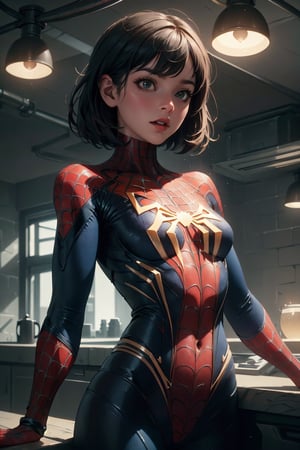 Highres, best quality, extremely detailed, area lighting in background, HD, 8k, 1girl, cute, spiderman 