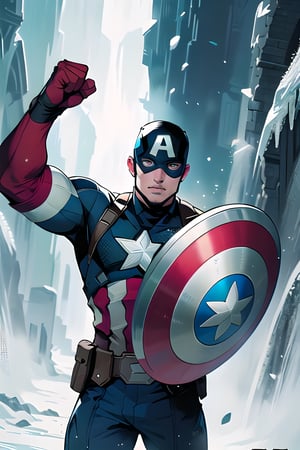 "Subject: Captain America's Heroic Stand in the Frozen Enigma | Description: A remarkable comic cartoon-style anime depiction of Captain America within the magical world of the Frozen movie. Captain America's iconic shield and patriotic costume are intricately detailed, capturing every emblem and fabric fold. He stands as a symbol of courage and honor, ready to defend the innocent against any threat. The fusion of comic-style art with anime aesthetics results in an image that radiates Captain America's unwavering resolve in the face of enchanting wonders. | Type of Image: Highly Detailed Comic Cartoon-Style Anime Illustration | Art Styles: Comic Cartoon, Anime | Art Inspirations: Portraying Captain America's noble spirit within the enchanting Frozen backdrop | Camera: Dynamic angles accentuating Captain America's heroic demeanor | Shot: A composition that highlights Captain America's iconic shield and presence | Render Related Information: Employing detailed linework and vibrant coloring | Camera Lens: Medium telephoto | View: Heroic perspectives, showcasing Captain America's determination against the Frozen charm"