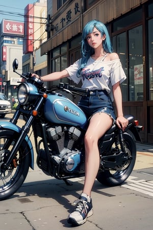 ８K, realistic photo, realistic skin texture、A beautiful Japanese woman living in America riding a jap style motorcycle、bring katana on shoulder、high cut sneakers、Debris-strewn downtown、sunny、cool composition、,Miwa, More Detail